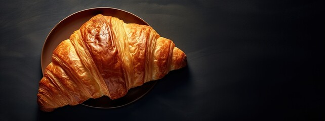 Generative AI, Fresh croissant on dark background with copy space, french bakery