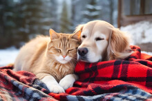 Cute Ginger Cat And Dog Sleeping Outdoors In Plaid Blanket On A Winter Snowy Background.