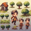 an asset pack for 2D video game of a boy running, boy is seen from the side at 90 degrees in 2D, several pictures of same boy, running animation, plain background