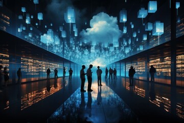 Poster - Dynamic Cloud computing city. Storage data. Generate Ai
