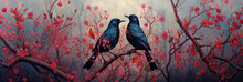Two Black Birds And Red Tree. 