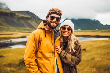 Multiethnic couple traveling in Iceland in summer. Happy young travelers exploring in nature.