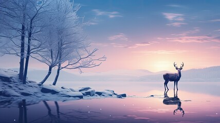 a family of majestic red deer gracefully moving through a snow-covered forest at the magical moment of sunset. The scene should evoke a peaceful Christmas ambiance with a predominant blue