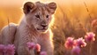  a young lion cub in a field of flowers at sunset.  generative ai