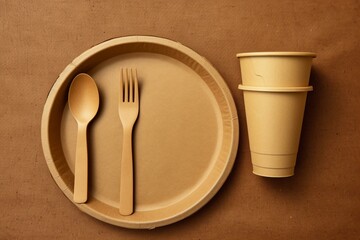 Wall Mural - Environmentally-friendly takeaway dishware on a brown paper background. Biodegradable alternative to plastic. Viewed from above with space for text. Generative AI