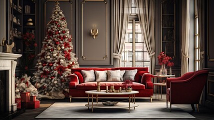 Sticker -  a living room decorated for christmas with a red couch and a christmas tree.  generative ai