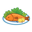 Delicious fried fish with herbs, lemon on a white plate. Vector illustration food