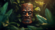 Cultural Wooden Tiki Mask On Blurred Background Close Up