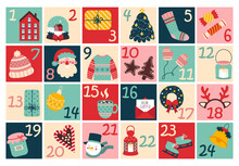 Xmas Advent Calendar For Children. Countdown To Christmas With Numbers. Cute Winter Illustration For Card, Poster, Kid Room Decor, Nursery Art.