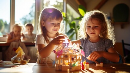 Poster - Two little girls sitting at a table, engaged in play with a toy house. This image can be used to depict imagination, creativity, and childhood activities.