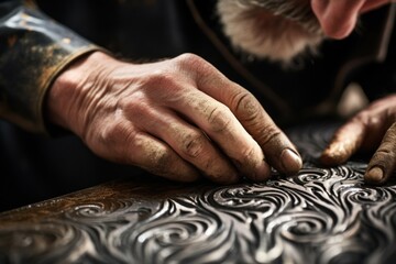 Poster - A detailed close-up shot of a person actively working on a piece of art. This image captures the artist's focus and dedication. Perfect for creative projects or articles about art and creativity.