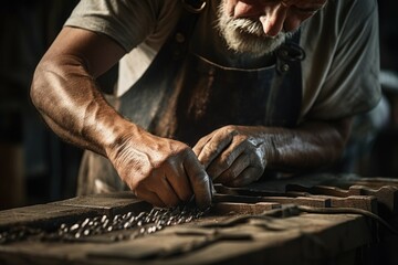 Aufkleber - A man is seen working on a piece of wood. This image can be used to depict woodworking, craftsmanship, or DIY projects.