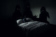 Horror, insomnia, states of mind, nightmares concept. Evil shadow silhouette watching sleeping people. Ghost, devil or scary looking dark figure in sleeping room. Generative AI