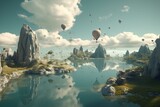 Fototapeta  - An unreal world: a dreamlike scenery with levitating landmasses backdrop. Generative AI