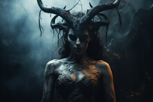 Horror, Fantasy, Sci-fi, Culture And Religion, Make-up Concept. Evil And Demonic Looking Woman With Horns And Make-up Horror And Fantasy Portrait. Dark Moody Background. Generative AI