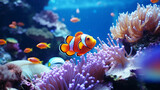 a group of clown fish swimming around anemone in an aquarium. ai generative