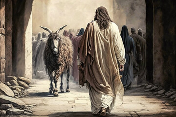 Illustration of Jesus Christ walking through a crowded street. Back of Christ, Antiquity, History of Christianity, Faith and Freedom.