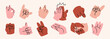 Cartoon groovy hands in various gestures. Set of hand signs and symbols. Stickers in retro style. Vector groovy illustration	