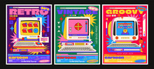 Retro Cartoon Poster With Computers From The 90s. Cyber Groovy Geometric Memphis Style, Browser, User Interface, 80s Nostalgia, Old Computer. Hippie Banner