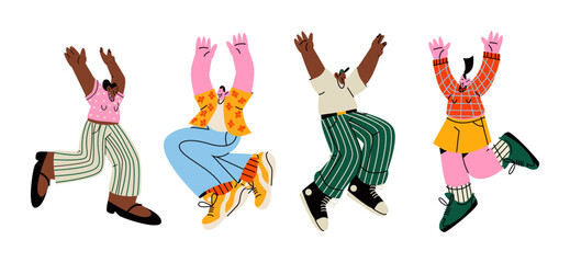Happy cartoon retro characters in 90s style jumping. Groovy set of people in flight smiling women and men. Hippie funky illustration