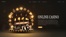 A Web Banner With Black And Gold Poker Cards, Dice, Chips And A Casino Slot Machine On A Podium With A Neon Glowing Frame Of Suits On A Dark Background With Text.