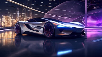 Futuristic Concept Car with Dynamic Lighting Overlooking a Cityscape at Night