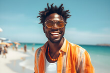 Portrait Of A Happy Laughing Black Man On Beach With Sunglasses Smiling Laughing On Summer Holiday Vacation Travel Lifestyle Freedom Fun. Generative AI