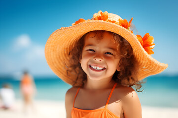 Wall Mural - Portrait of a happy laughing girl on beach with straw hat smiling laughing on summer holiday vacation travel lifestyle freedom fun. Generative AI