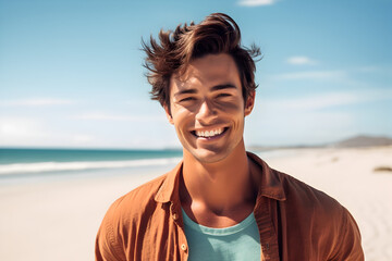 Wall Mural - Portrait of a happy laughing young brown haired man on beach  smiling laughing on summer holiday vacation travel lifestyle freedom fun. Generative AI