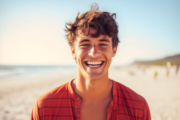 Wall Mural - Portrait of a happy laughing young brown haired man on beach  smiling laughing on summer holiday vacation travel lifestyle freedom fun. Generative AI