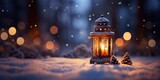 Fototapeta  - Christmas lantern on snow with fir branch at eve night, Winter decoration background, Christmas Card, generative ai