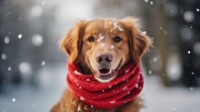 A Dog Wears A Red Scarf Standing In The Mountains In Snow. Winter Weather, Blue Sky, Snow On The Ground. Generative Ai