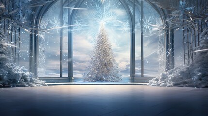 Poster -  a christmas tree in a snowy room with a large window.  generative ai