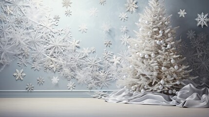 Sticker -  a white christmas tree surrounded by snowflakes on a blue background.  generative ai