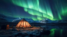 green arctic aurora camp illustration snow landscape, borealis travel, sky north green arctic aurora camp