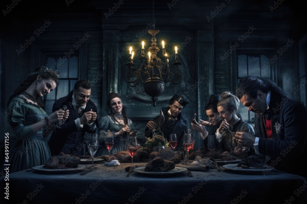 Dramatic image of a gothic family at the table, spooky Halloween party ...