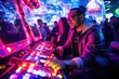 Portrait of young asian man playing video game at night club, celebrity sitting down in a brightly lit, comfortable arcade cabinet, AI Generated