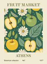Abstract Fruit Market Athens Retro Poster. Trendy Contemporary Wall Art With Apple Fruits Design In Green Colors. Modern Naive Funky Groovy  Interior Decoration, Painting. Vector Art Illustration.