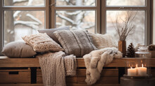 Cozy pillows, blankets, and fabrics by a cozy winter windowsill, illuminated by candlelight
