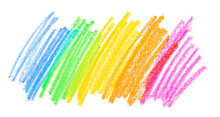 Photo Grunge Hand Drawn Colorful Scribble Wax Pastel, Rainbow Crayon Isolated On White, Clipping Path