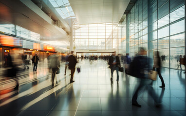 A bustling airport terminal scene with blurred travellers with baggage in motion. Generative AI