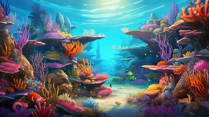 Wall Mural - underwater coral reef wonderland illustration fish aquatic, water sea, beauty blue underwater coral reef wonderland