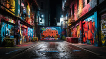 Street With Graffiti Painted Along The Wall, In The Style Of Night Photography, New York City Scenes