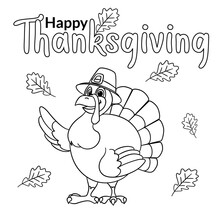Cute Cartoon Turkey Wearing A Pilgrim Hat Wishes Happy Thanksgiving Day Outlined For Coloring Page On White Background.