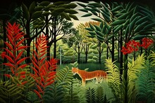 Equatorial Jungle, Rousseau, 1909, French Painting, Oil On Canvas. Generative AI
