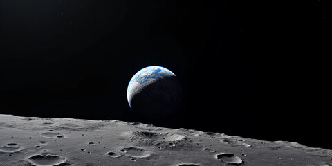 Wall Mural - the earth - moon system from a lunar orbit perspective, earthrise scene, glowing earth with detailed