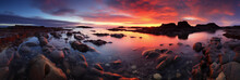 Twilight Seascape, Rocky Shore, Tide Pools Brimming With Starfish And Crabs, Dramatic Clouds, Fiery Sunset Reflecting Off Calm Water