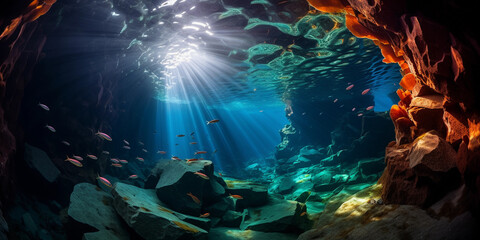 Wall Mural - Underwater cave, hauntingly beautiful, shafts of sunlight, filled with jellyfish glowing in iridescent colors, sense of depth and mystery