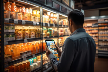 Wall Mural - A shopper carefully examining product reviews on a smartphone before making an online purchase. Concept of informed consumer choices. Generative Ai.