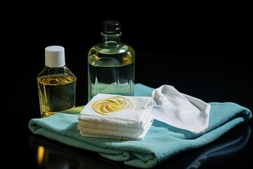 Poster - A simple and practical image featuring a towel, a bottle of oil, and a towel placed on a table. This versatile image can be used in various contexts.